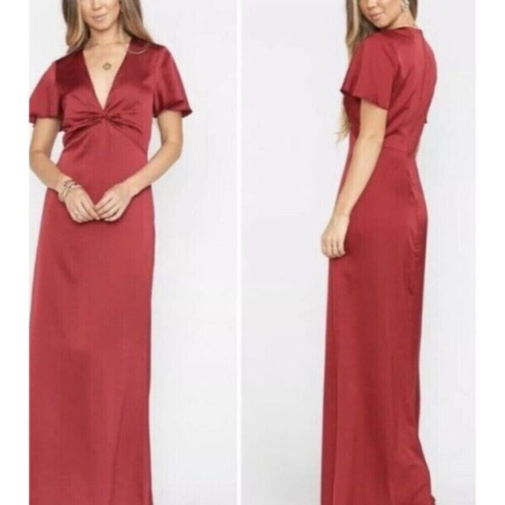 Mumu Weddings Maxi Dress Ruby Red Satin Twist Front Flutter Sleeve Gown Chic 90s